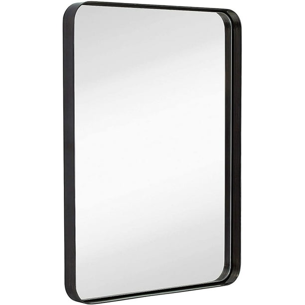 Mirrored Rectangle Hangs Horizontal or Vertical Hamilton Hills Contemporary Brushed Metal Wall Mirror 24 x 36 Glass Panel Black Framed Squared Corner Deep Set Design 